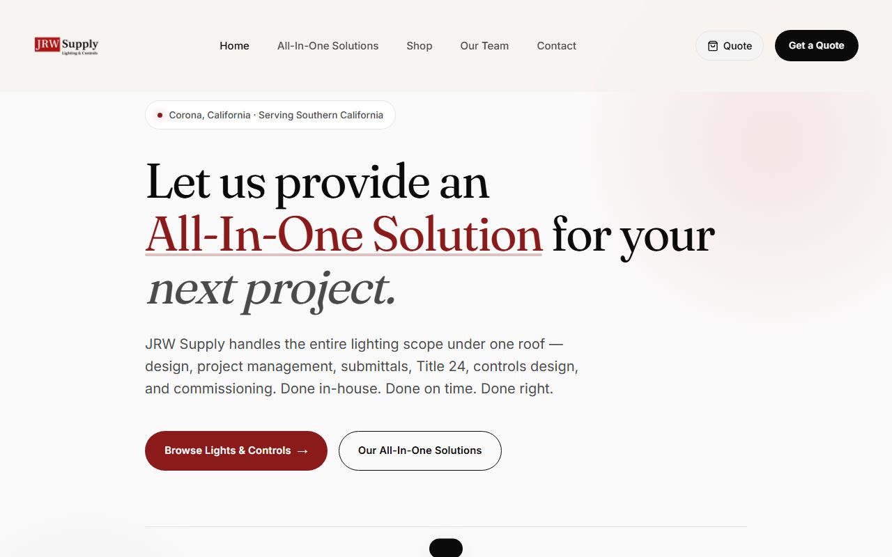 The JRW Supply homepage: 'Let us provide an All-In-One Solution for your next project.'